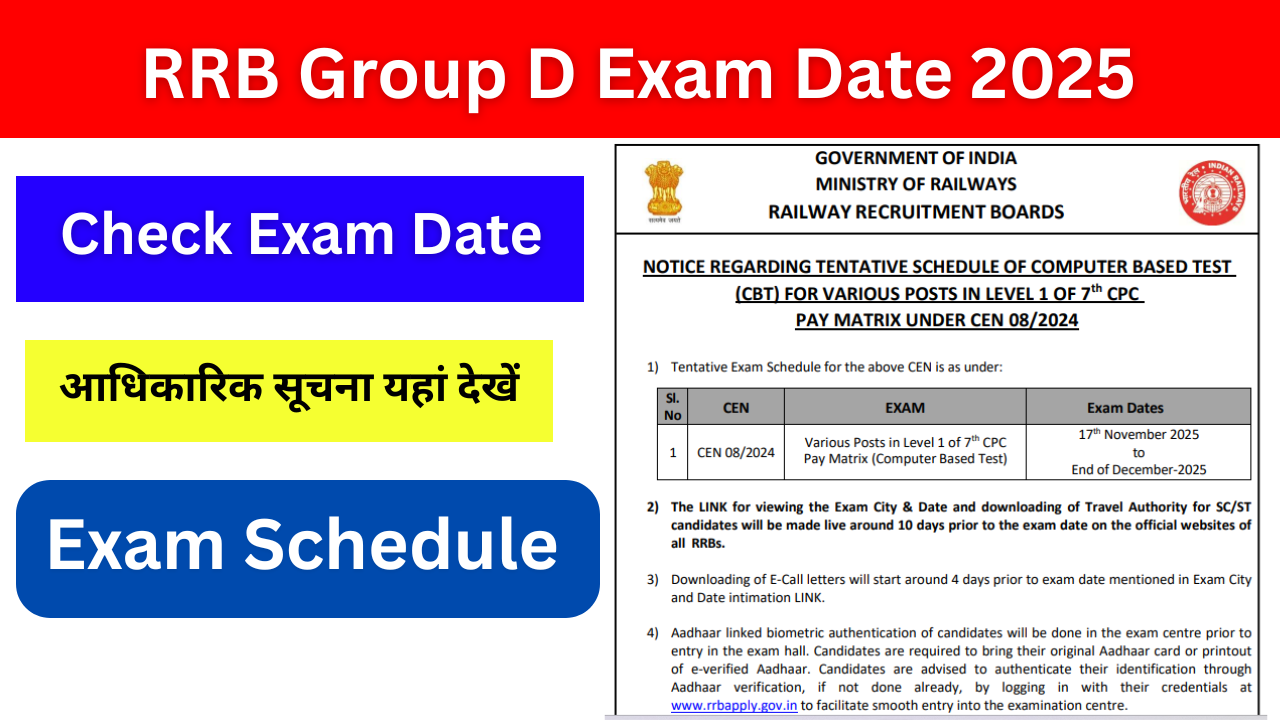 RRB Group D Exam Date 2025, परीक्षा तिथि, पाठ्यक्रम, अधिसूचना और अन्य विवरण यहां देखें: