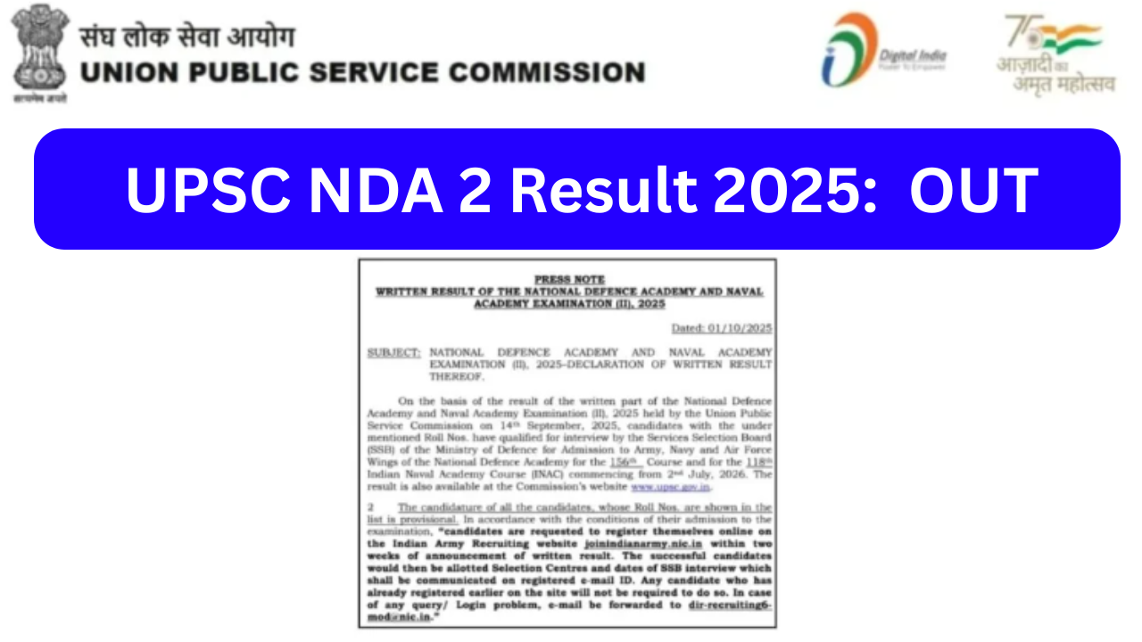 UPSC NDA 2 Result 2025: (upsc.gov.in पर जारी) मेरिट सूची पीडीएफ डाउनलोड करें और एसएसबी साक्षात्कार विवरण देखें