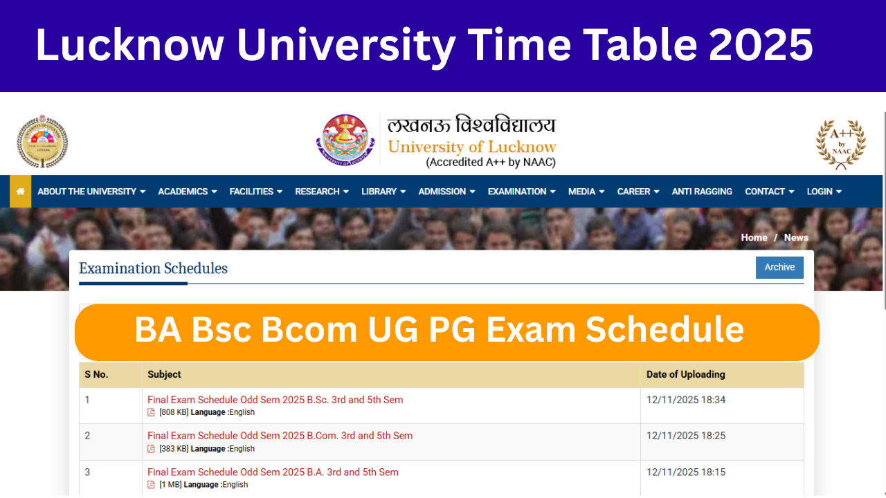 Lucknow University Time Table 2025: (lkouniv.ac.in) OUT at BA BSc, BCom, MA, M.sc Exam Date Exam Schedule 2025-26