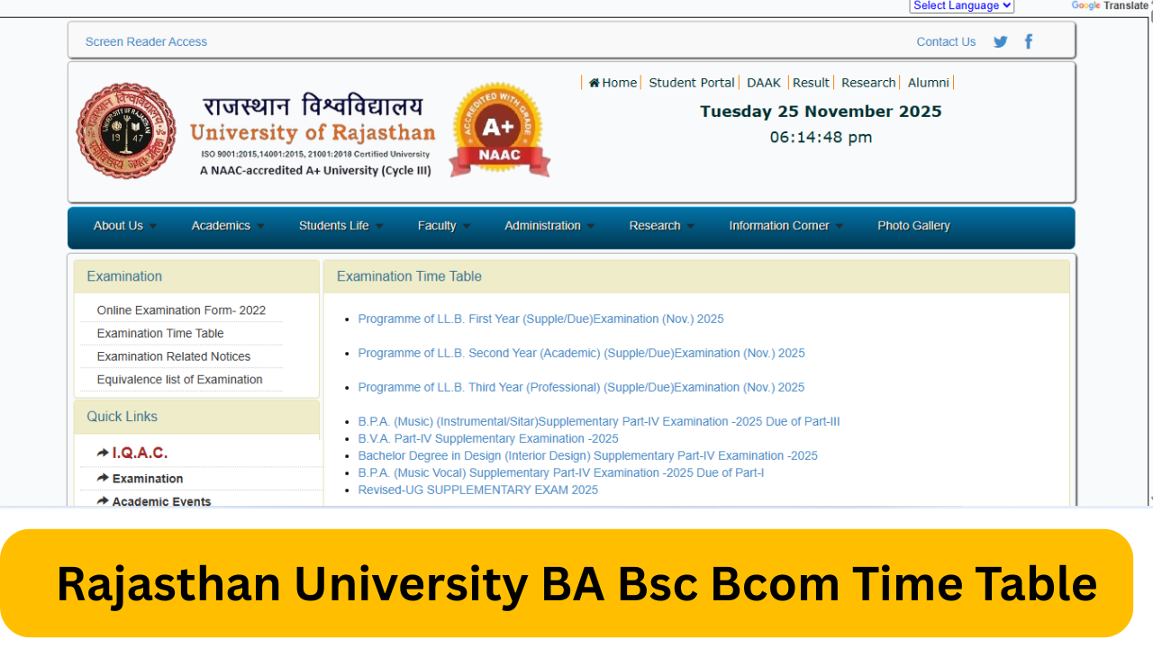 Rajasthan University Time Table 2025: OUT Uniraj BA B.sc 1st 2nd Sem UG, PG Time Table, Exam Schedule https://www.uniraj.ac.in/