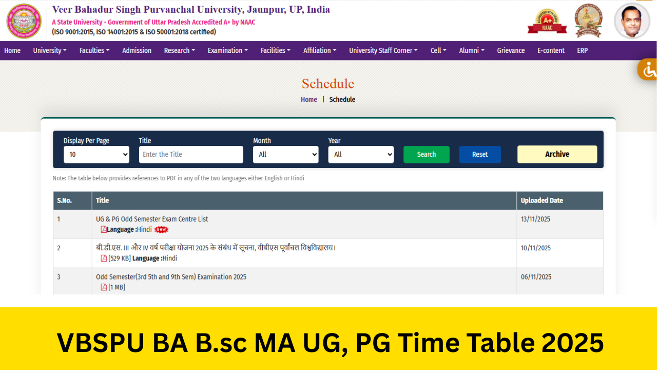 VBSPU Time Table 2025: (Out​) @vbspu.ac.in: Check VBSPU BA B.sc MA UG, PG Time Table Pdf Download