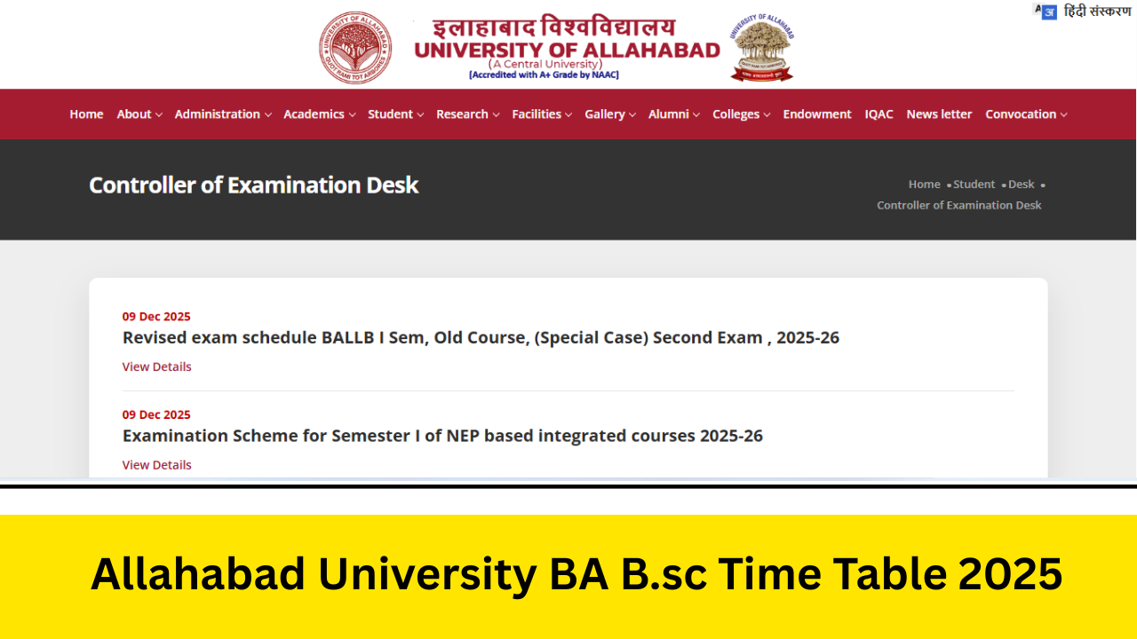 Allahabad University Time Table 2025: Out at allduniv.ac.in BA B.sc B.com MA UG, PG Exam Dates, Scheme 2025-26