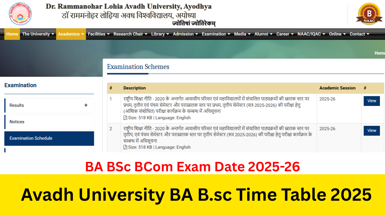 Avadh University Time Table 2025: Out at rmlau.ac.in RMLAU BA BSc BCom BBA BCA UG, PG Exam Scheme 2025