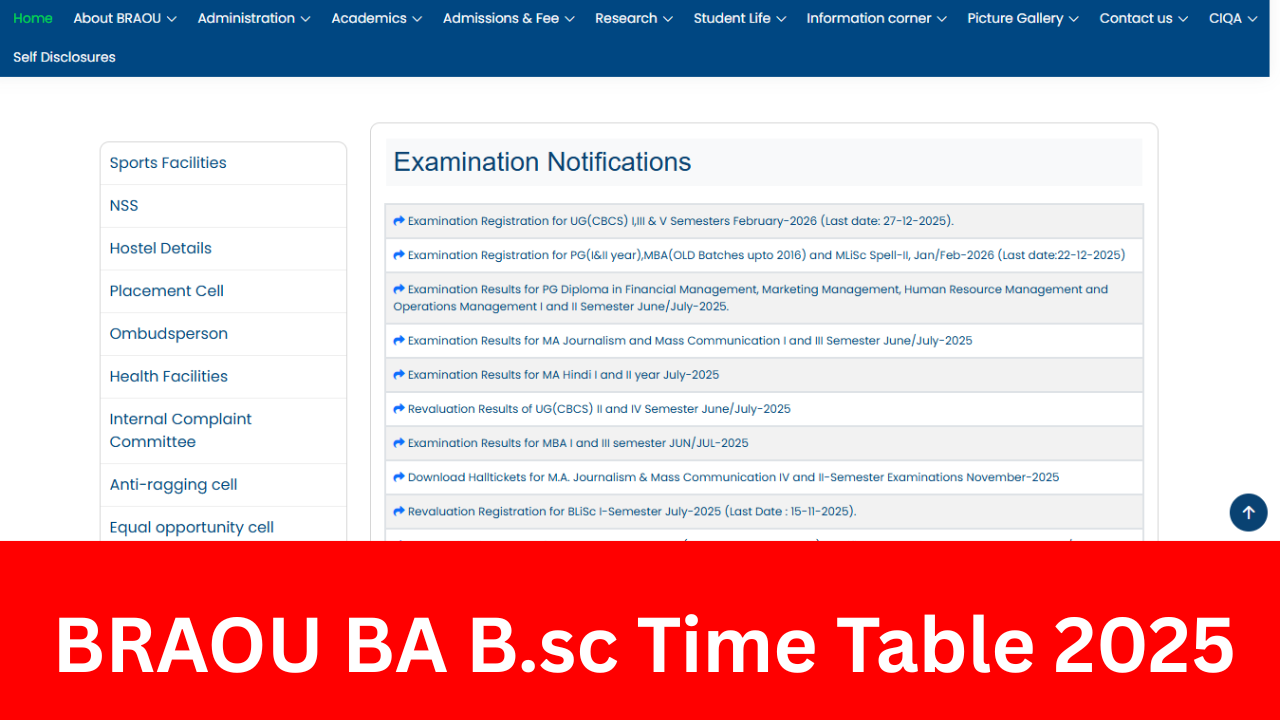 BRAOU Time Table 2025: (OUT) Dr. B.R. Ambedkar Open University BA B.sc MA UG, PG Exam Date- braou.ac.in