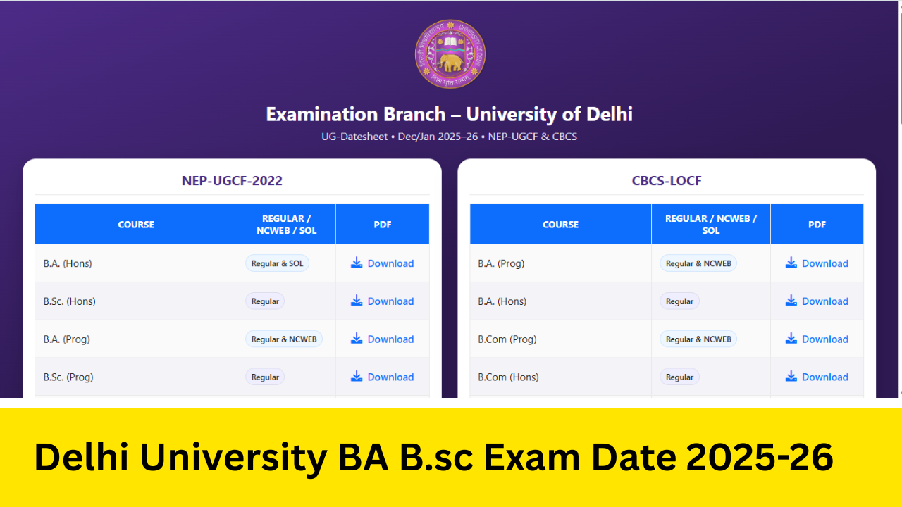 Delhi University Time Table 2025: Out at du.ac.in DU BA B.sc B.com MA UG, PG Exam Date, Exam Scheme 2025-26