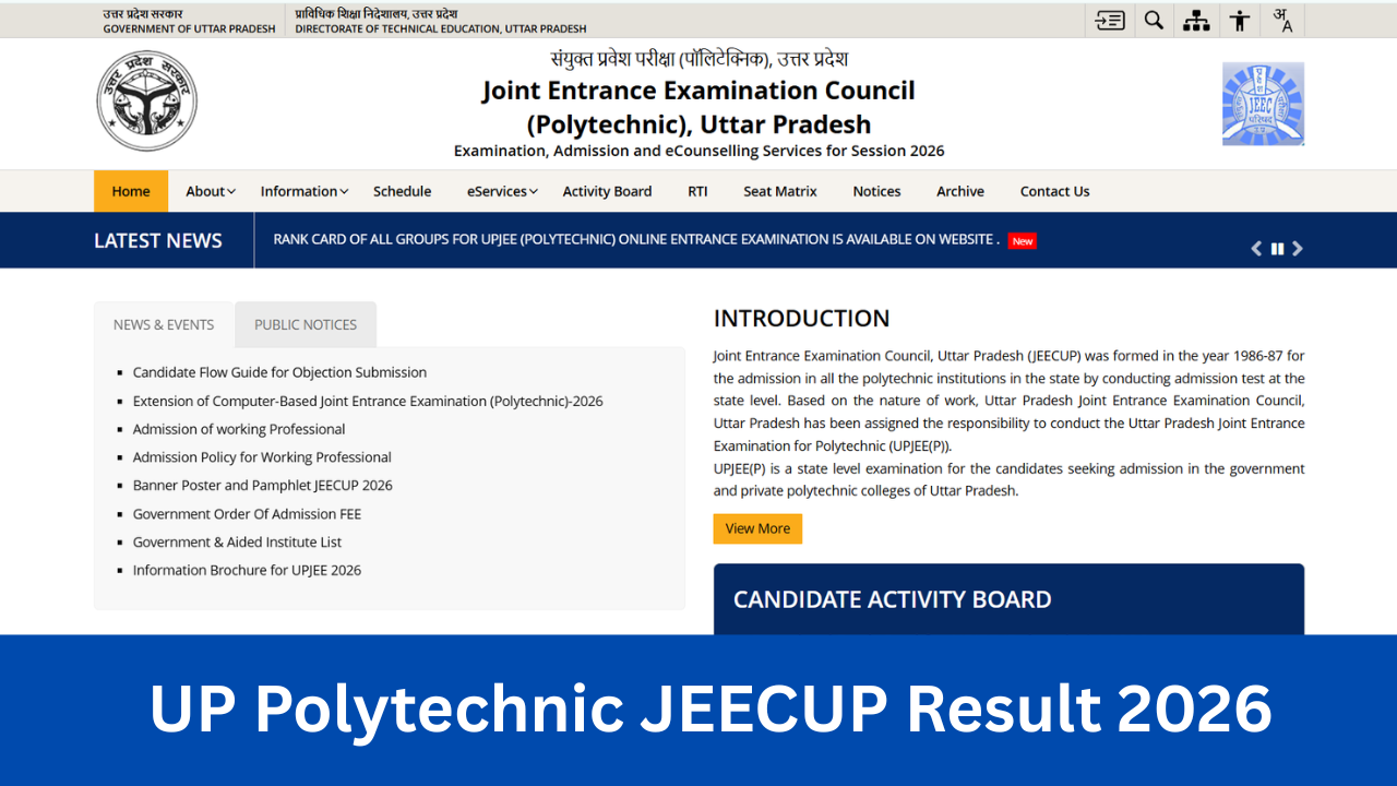 UP Polytechnic JEECUP Result 2026: (Out) Download UP Polytechnic JEECUP Result, Rank Card at jeecup.admissions.nic.in