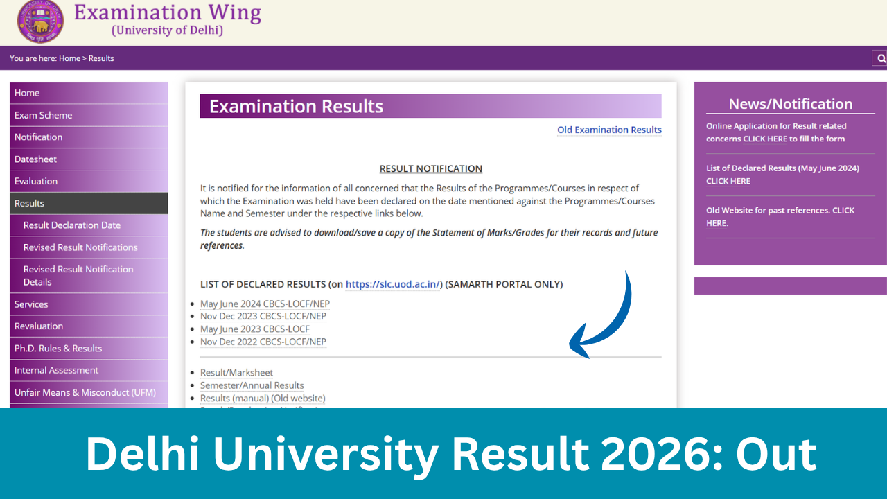 Delhi University Result 2026: Out (www.du.ac.in) DU BA, BCom, BSc, MA, MCom, LLB UG, PG Marksheet Pdf